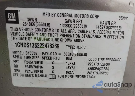 2002 Chevrolet Trailblazer Ls из США, поврежденный, VIN 1GNDS13S222478269